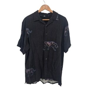 Thrills Bowling Shirt Mens Small Black Panther Print Camp Collar Short Sleeve